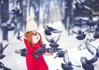 девушка, рыжая, снег, счастье, улыбка, снежинки