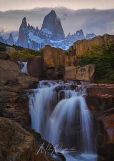 Waterfall on the Arroyo Del Salto River below Mount Fitzroy. Los Glaciares National Park, Patagonia, Argentina