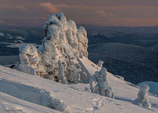 01 Зимой склоны горы Курган украшают заиндевевшие скалы-останцы в окружении залепленных снегом пихт и кедров
