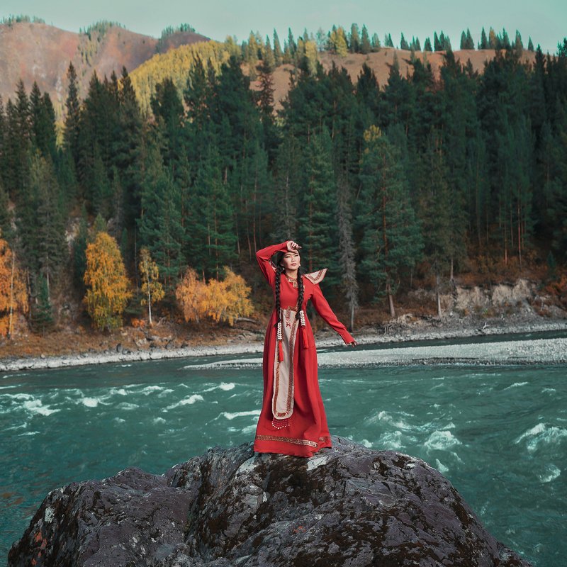 altay, national, traditional, forest, river, Siberia, mountains,girl, red, costume Краса Алтаяphoto preview