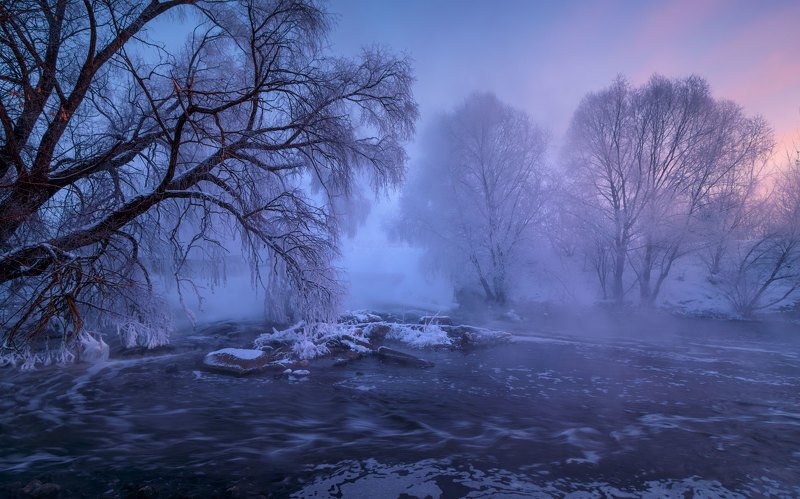 листвянка, река, мороз, иней, туман Листвянкаphoto preview