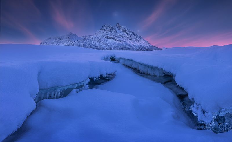 winter, norway, lofoten, snow, ice, blue, hour, mountain  skoddebergvatnetphoto preview