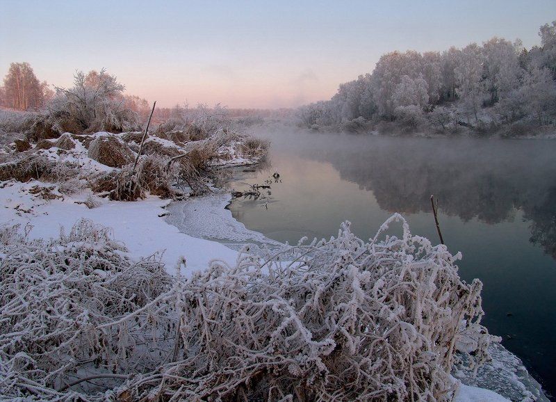 закат, зима, река, снег, туман Сказки туманной рекиphoto preview