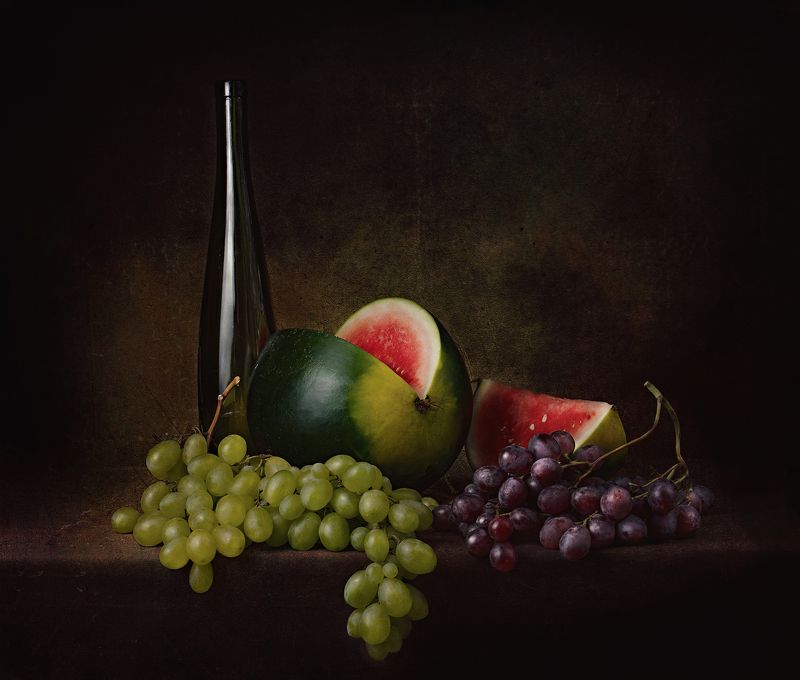 still life grapes and watermelon on the table