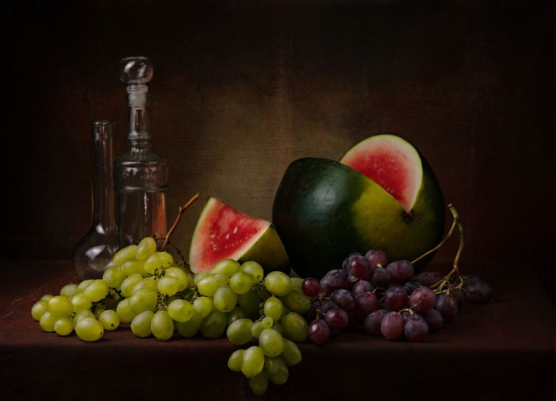 still life grapes and watermelon on the table