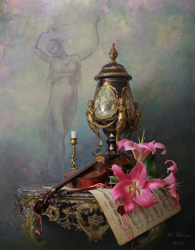 цветы, лилия, скрипка, музыка, девушка, танец, стол, ваза Натюрморт со скрипкой и лилиейphoto preview