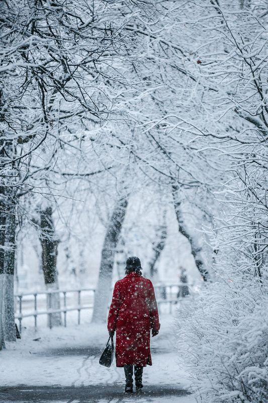 женщина, улица, снег, пальто, движение Женщина в красномphoto preview