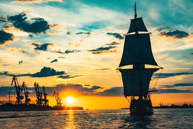 frigate, sea, sail, transportation, boat, ship, cruise, vessel, sailboat, historic, nautical, navigation, water, wooden, voyage, vintage, tall, sky, old, navy, wind, travel, maritime, galleon, transport, ancient, adventure, yacht, wave, marine, mast, anti The Frigate Shtandar in calm weather sailing sunset time Riga Latviaphoto preview