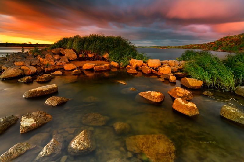 river, sunrise, sunset, stones, landscape, water, clouds, The river and its stories.photo preview