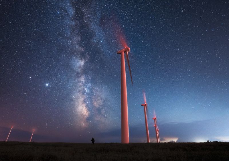 Night with wind turbines and Milky way corephoto preview