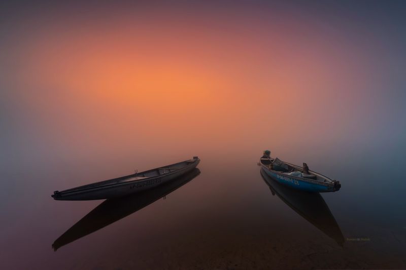 landscape, boats, fog, sunrise, water, river, In the abyss of mists.photo preview