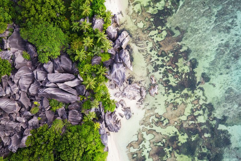 anse source d\\\'argent, анс сурс д\\\'аржан, сейшелы, аэрофотосъемка, пейзаж, seychelles Самый фотографируемый пляж мираphoto preview