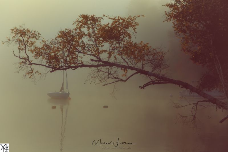 fall,lake, fog, boat Autumn...photo preview