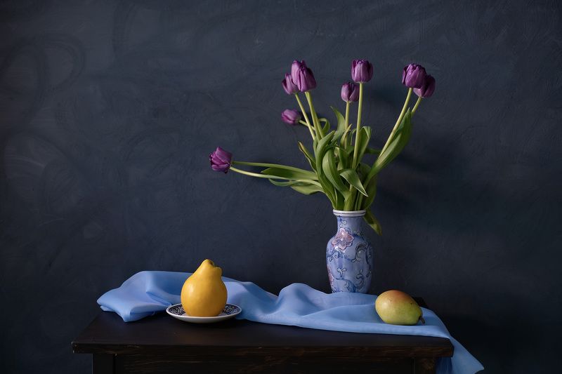 Still life, flowers, tulips, lilac, quince, pear, fruit, colors, nature, food,  Фиолетовые тюльпаныphoto preview