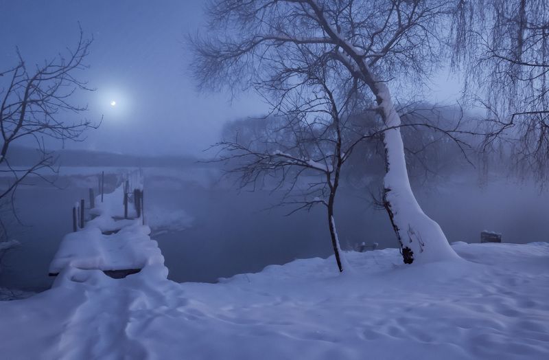 зима, ночь, свислочь, туман, иней, мороз Зимняя ночьphoto preview