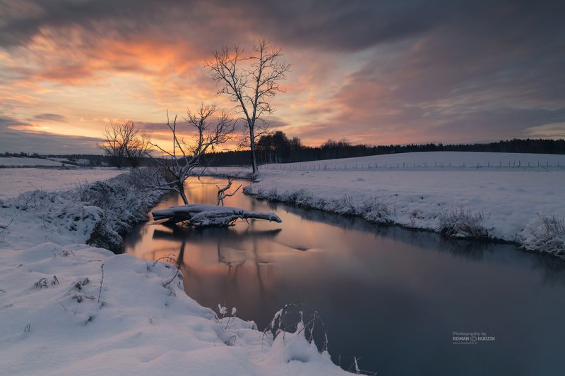 Kociewie, Poland, landscape, snow, sunrise, sunset, tree, river, sky, clouds, meanders, Kociewie. photo preview