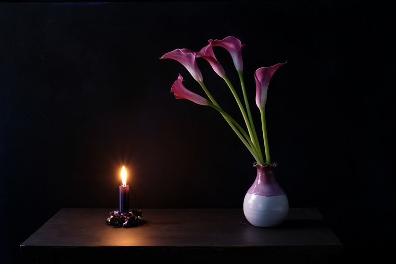 Still life, flowers, calls, nature, candle, purple, colors, magic, mood, vase, light, floral, elegant,  Магия каллы photo preview