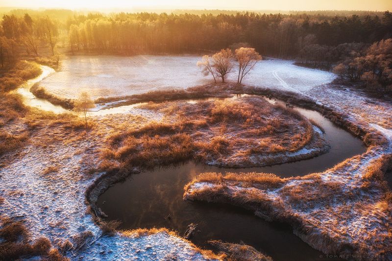 landscape, poland, light, winter, awesome, amazing, sunrise, sunset, lovely, nature, travel, drone, trees, orange, shadows, dji, river, colors Brothersphoto preview