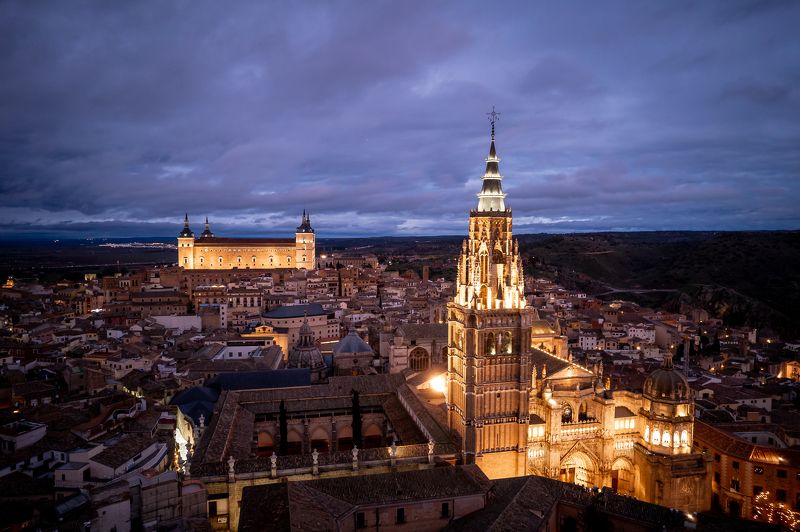 toledo, spain, drone, aerial, medieval, old town, castle, night, river, stunning Toledophoto preview