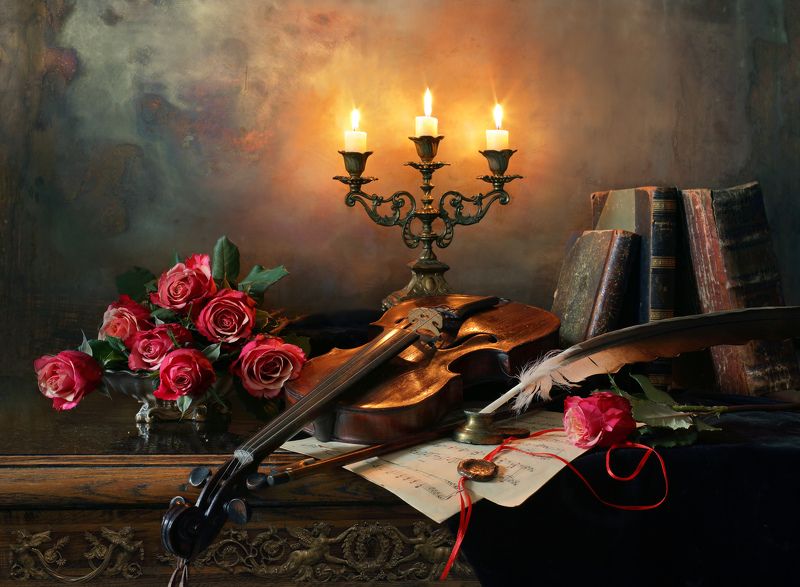 скрипка, розы, цветы, музыка, книги, свечи Натюрморт со скрипкой и свечамиphoto preview