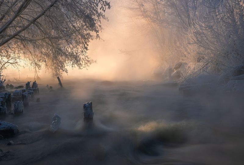 зима, рассвет, река, утро, пейзаж, томилино, пехорка, туман Бурное течениеphoto preview