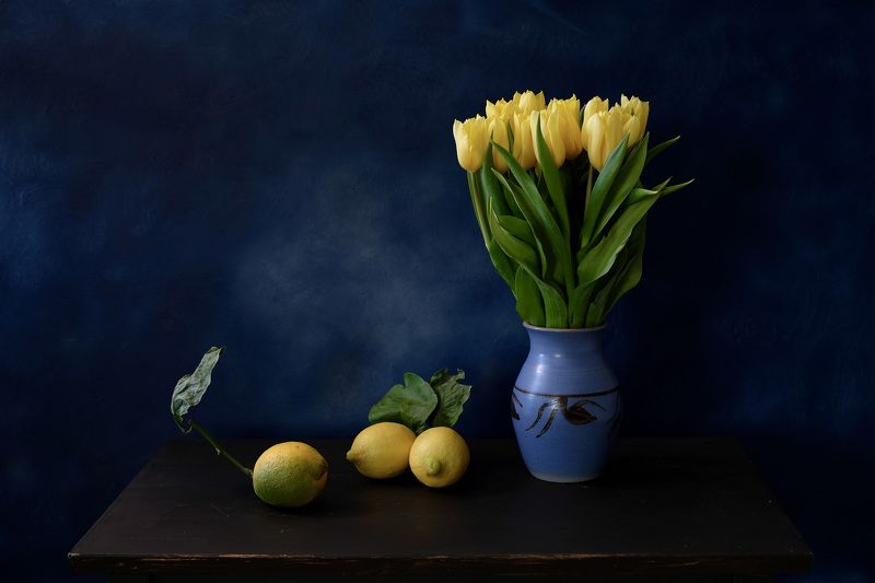 Still life, tulips, yellow, lemon, blue, flora, fruit, mood, colors, colorful, flowers, plant,  Жёлтые тюльпаныphoto preview
