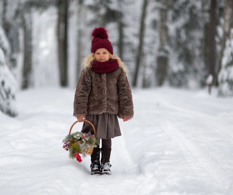 девочка,зима,лес,корзинка, child, kids, forest, winter, story, nature Красная шапочкаphoto preview