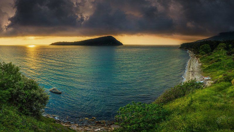amazing, bay, clouds, greece, green, island, paradise, sea, sunrise, thassos,kinira Kinira Islandphoto preview