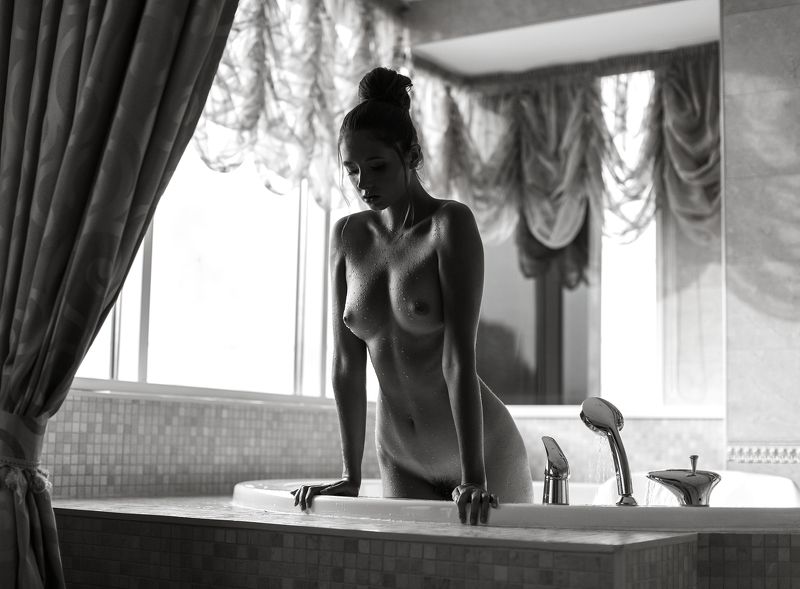 girl, shower, ню, красота, nude, black and white, ***photo preview