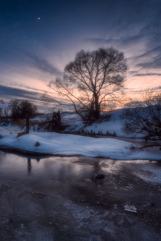 вечер, река, закат, дерево Смеркалосьphoto preview