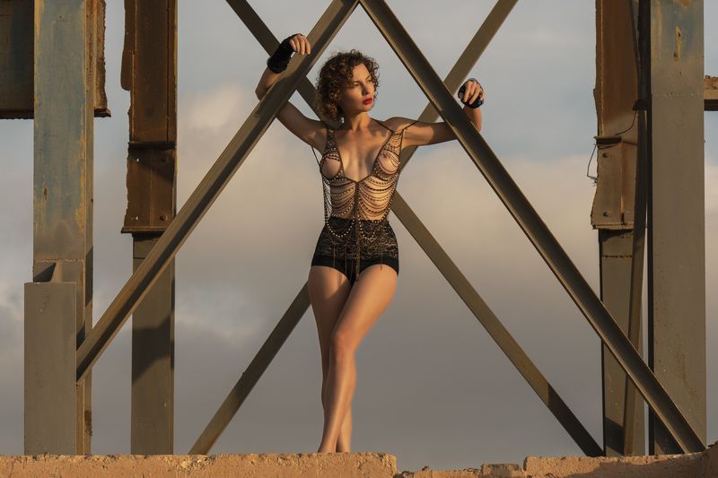 attractive, bars, beautiful woman, clouds, dreaminess, eyes, female, front view, grace, hair, hands, individuality, legs, lingerie, lips, looking, makhtesh ramon, metal beams, naked, nude, one person, outdoors, panties, portrait, pose, sensuality, skies,  Grand Designsphoto preview
