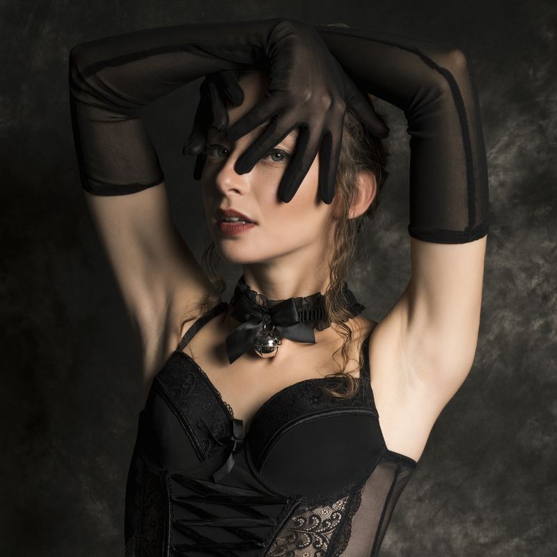 attractive, beautiful woman, beauty, bra, close-up, collar, corset, elegance, fashion, female, femininity, front view, gloves, grace, individuality indoors, lingerie, looking at camera, one person, portrait, pose, sensuality, studio shot, underwear, woman Black Glovesphoto preview