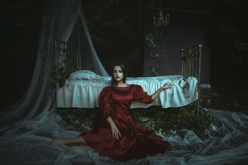lady, woman, red, model, drreeam, nature, bed, bedroom, forest, art, fine art, dark, goth, gothic, Dreamphoto preview