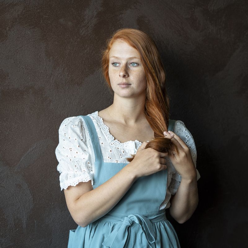beautiful woman, beauty, clothing, dreaminess, dress, fashion, female, femininity, freckles face, front view, girl, headshot, human face, individuality, indoors, looking, one person, portrait, redhead, shirt, standing, studio shot, young women Portrait of a Young Womanphoto preview