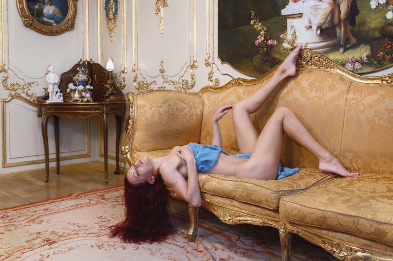 beautiful woman, beauty, carpet, couch, dream, female, femininity, grace, hair, hall, hands, indoors, legs, lifestyles, louis xv, model, naked, nude, one person, pose, relaxation, retro, rococo, salon, sensuality, side view, sofa, vintage, woman Lap of Luxuryphoto preview