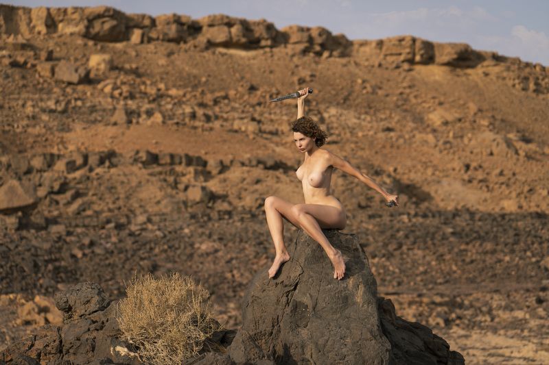 attractive, beautiful woman, beauty, dagger, desert, dry, eyes, female, grace, hair, hands, individuality, legs, look, makhtesh ramon, naked, nude, one person, outdoors, pose, rocks, sensuality, side view, sitting, sky, stones, young women Danger Zonephoto preview