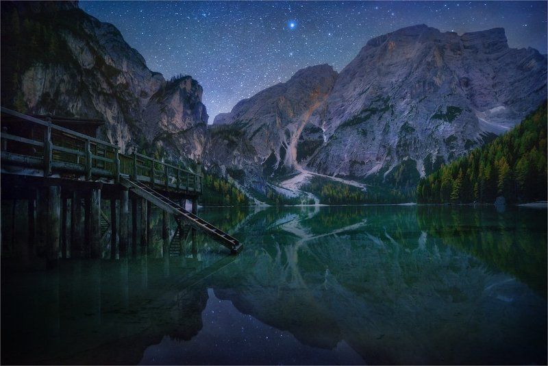 Dolomites, Lago di Braies, Вода, Горы, Доломитовые альпы, Звезды, Ночь, Озеро, Причал «Tales of Dolomites - Lago di Braies»photo preview