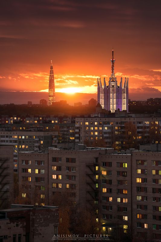 санкт-петербург, спб, питер, город, закат, вечер, солнце Закат в Калининском районе Санкт-Петербурга. photo preview
