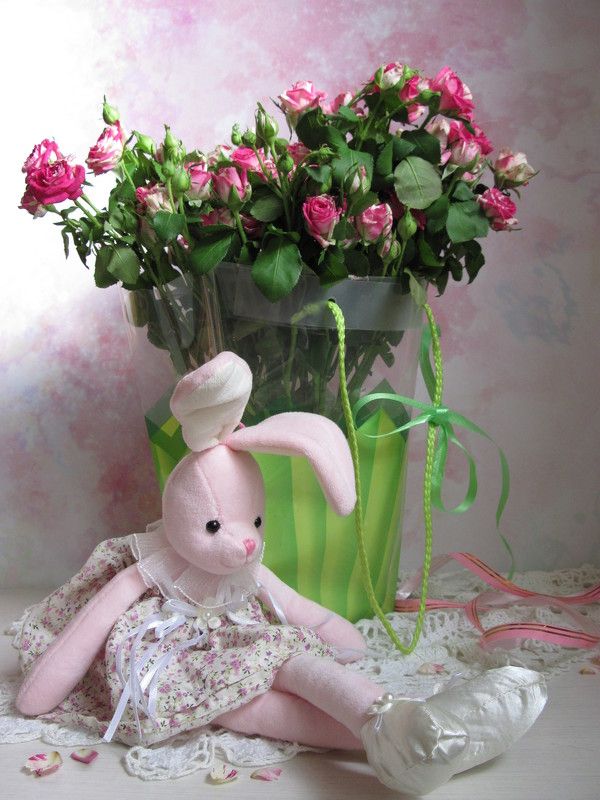 цветы, букет, розы,игрушка, заяц, пакет Зайка мояphoto preview