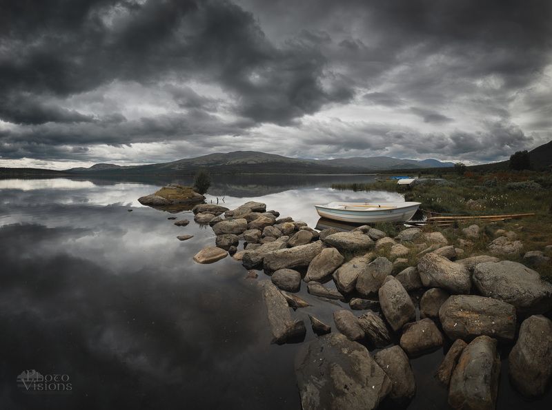 norway,mountains,clouds,lake,panorama,nature,boat, Hjerkinnsdammenphoto preview