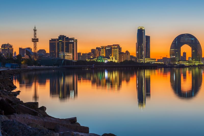 пейзаж, город, рассвет, море, вода, небоскребы, Баку, Азербайджан Баку на рассветеphoto preview