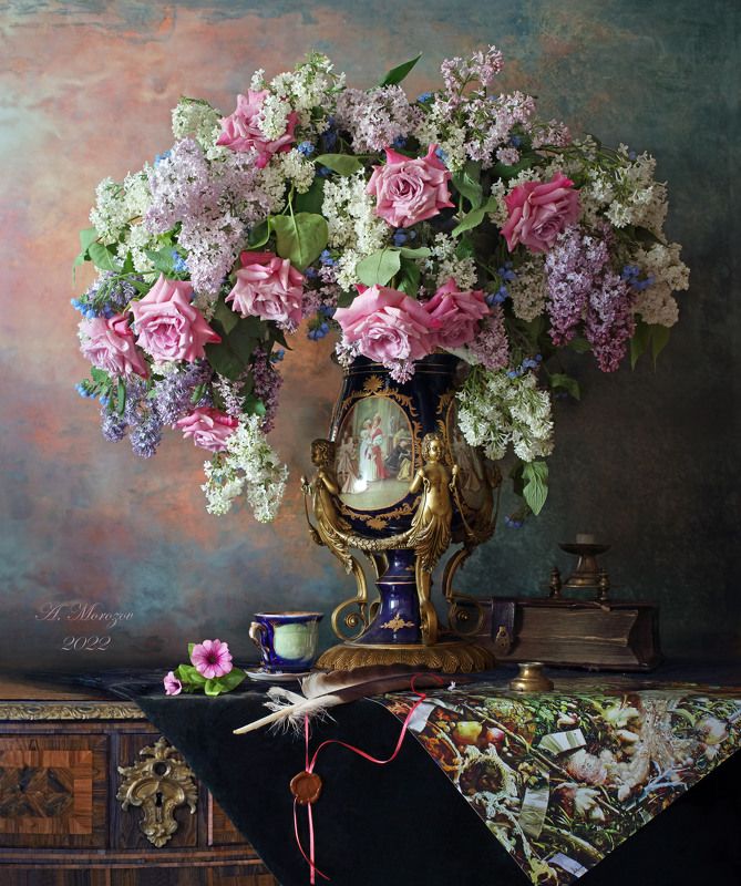 цветы, сирень, розы, ваза, букет, весна Натюрморт с сиренью и розамиphoto preview