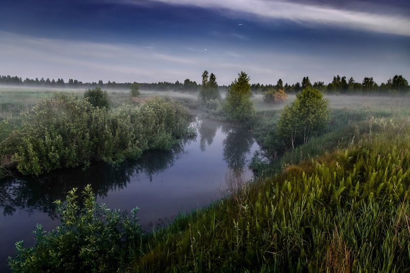 лето, июнь, вечер, туман, пейзаж, река Темным вечером в июнеphoto preview