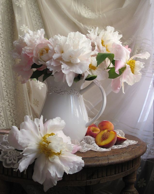 цветы, букет, пионы, персики, кувшин, фарфор, салфетка, тюль Мои пионыphoto preview