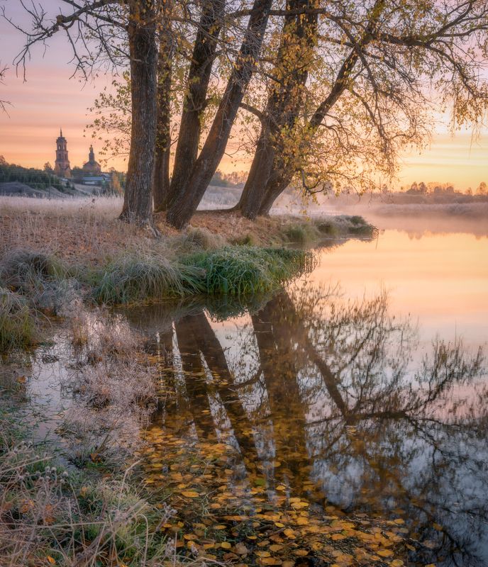 утро рассвет река осень тополя Теплые краски холодного утраphoto preview