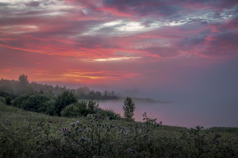 тверская область Туманный рассвет над озеромphoto preview