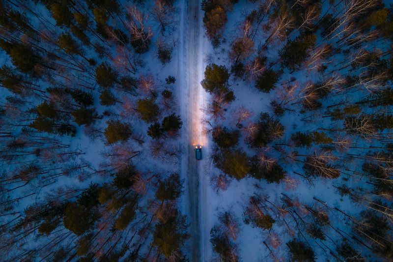 лес вечер снег урал дорога автомобиль сумерки Вечерний лесphoto preview