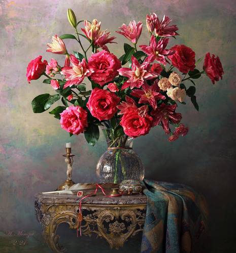 Натюрморт с розами и лилиями