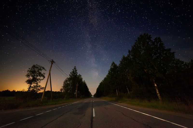 night, road, milkyway, nature, starrynight, russia Roadphoto preview