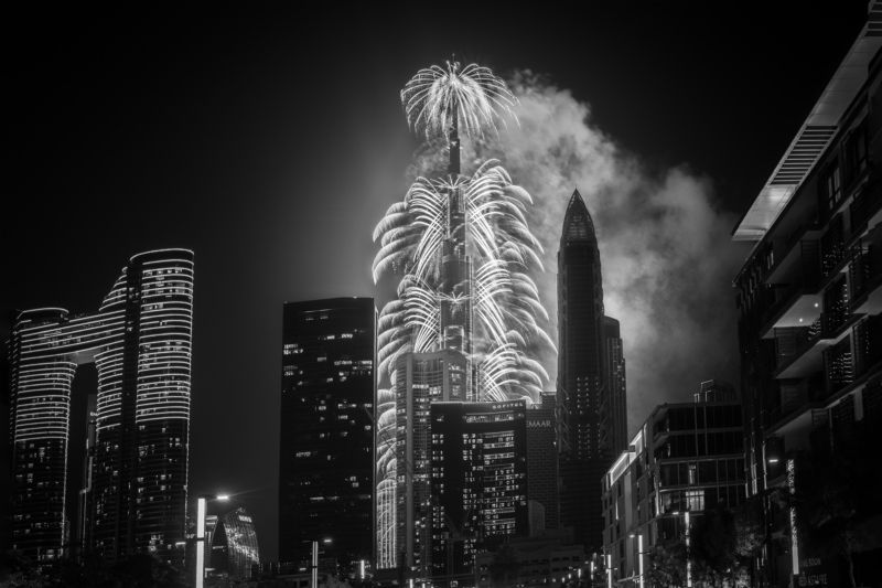 New Year Fireworks in Dubai in b/w 